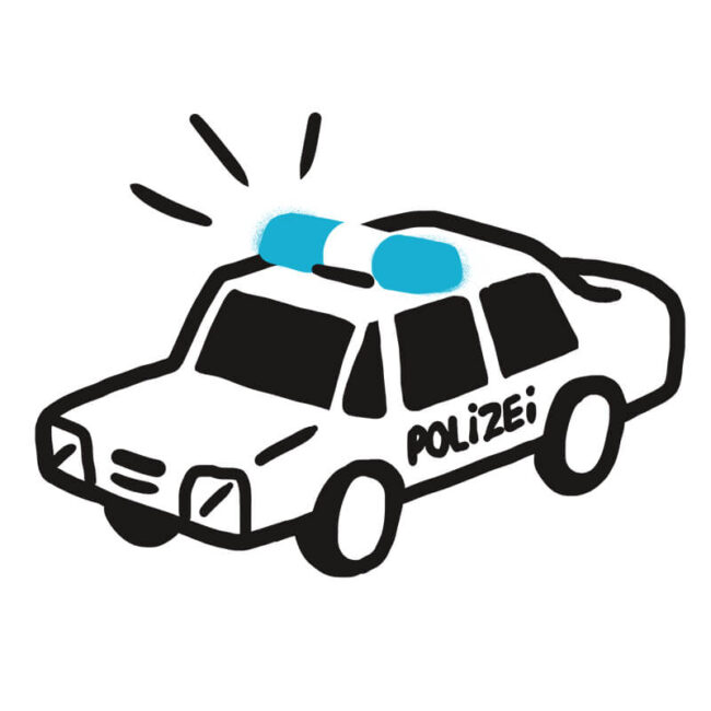 Eine einfache Zeichnung eines Polizeiautos mit dem Schriftzug Polizei auf der Seite, Blaulicht auf dem Dach und einem Hund in der Nähe, was einen Hauch von Realismus verleiht und zu Traumdeutung oder kreativer Trauminterpretation anregen könnte.