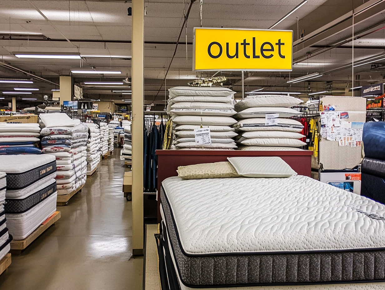 Das Innere des Ladens ist mit Stapeln von Markenmatratzen gefüllt, darüber hängt ein großes gelbes "Outlet"-Schild, das auf reduzierte Artikel hinweist. Kissen und Matratzen-Outlet-Angebote sind ordentlich im Raum verteilt.