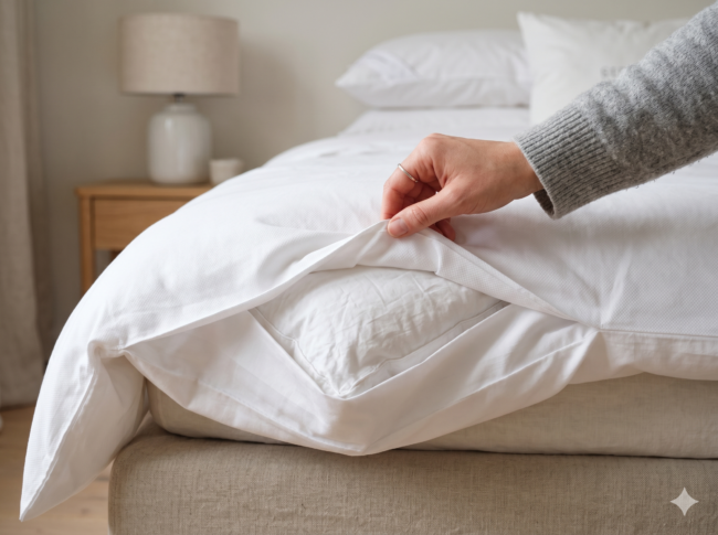 Die Hand einer Person hebt die Ecke eines weißen Bettbezugs mit Hotelverschluss an und gibt den Blick frei auf eine Bettdecke auf einem ordentlich gemachten Bett, mit einem hölzernen Nachttisch und einer Lampe im Hintergrund.