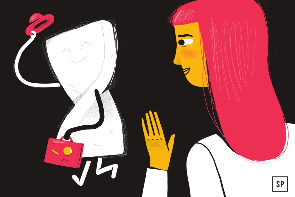 Eine weiße, lächelnde Figur mit einer roten Handtasche winkt einer Frau mit langen rosa Haaren zum Abschied, die daraufhin die Hand hebt - eine verspielte, minimalistische Szene, die den Abschied vor der Matratzen Entsorgung darstellen könnte. Der Hintergrund ist schwarz.