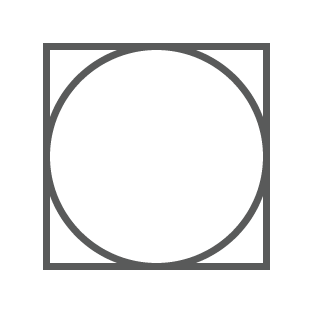 Ein schwarzer Umriss eines Kreises, der einem gewöhnlichen Wäschezeichen ähnelt, ist perfekt in einen schwarzen Umriss eines Quadrats eingeschrieben, beide zentriert auf einem weißen Hintergrund. Der Kreis berührt den Mittelpunkt jeder Seite des Quadrats.
