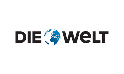 Das Logo von Die Welt besteht aus den Wörtern DIE und WELT in fetten schwarzen Buchstaben, wobei der Buchstabe O in der Mitte durch eine blau-weiße Weltkugel-Illustration ersetzt wird.