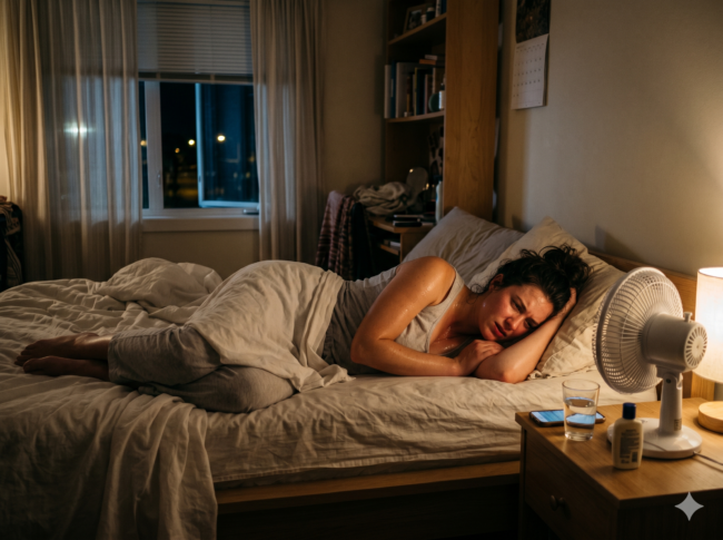 Eine Frau liegt nachts unbequem auf der Seite im Bett und schwitzt trotz eines Ventilators und eines Glases Wasser in der Nähe. Der schwach beleuchtete Raum suggeriert Schlaflosigkeit und verdeutlicht die Herausforderung des Schlafens bei Hitze und die Notwendigkeit guter Schlaftipps.