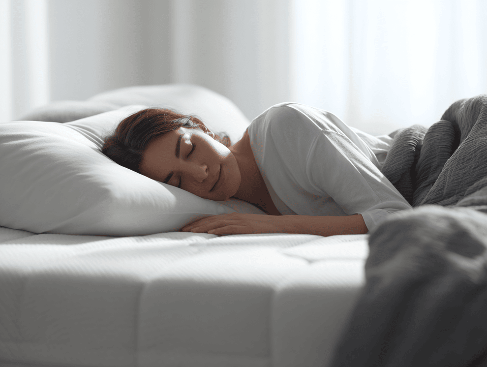 Eine Frau mit dunklem Haar schläft friedlich auf einem Bett, auf der Seite liegend, mit dem Kopf auf einem weißen Kissen, das für die Druckentlastung entworfen wurde und von einer grauen Decke bedeckt ist. Weiches natürliches Licht fällt durch die Vorhänge im Hintergrund.