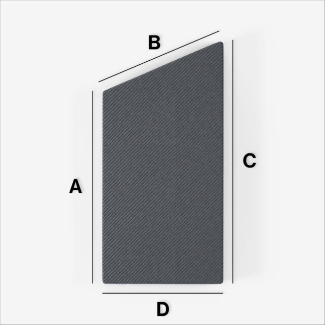 Ein dunkles, strukturiertes Viereck mit den Bezeichnungen A, B, C, D auf weißem Grund; die Seite B ist schräg und länger als die parallele Seite D - typisch für die Matratze nach Maß mit einer Schräge (Variante 7). Die Seiten A und C stehen senkrecht zu D.