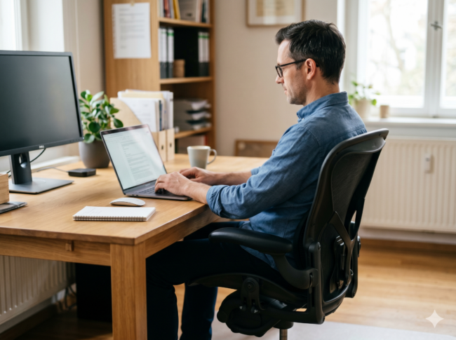 Ein Mann mit Brille und blauem Hemd sitzt an einem Holzschreibtisch mit eingebauter Lordosenstütze und arbeitet an einem Laptop in einem hellen Heimbüro mit Regalen, einem Monitor, Pflanzen und einem Notebook in der Nähe.