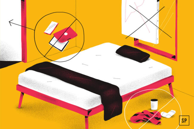 Illustration eines Schlafzimmers mit schwarzem Bettzeug auf gelbem Boden. Auf dem Bett sind Bücher und ein Tablet eingekreist, auf dem Boden Socken, eine Tasse und eine Flasche. Ein durchgestrichener Bilderrahmen über dem Bett deutet auf schlechtes Feng Shui hin.