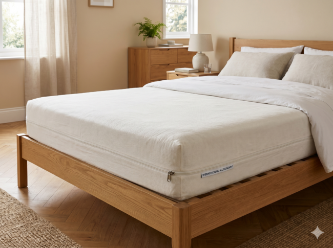 Ein ordentlich gemachtes Bett mit einem hellen Holzrahmen und weißer Bettwäsche steht in einem gemütlichen, sonnendurchfluteten Schlafzimmer mit beigen Wänden, Holzmöbeln, einer Lampe, einer Pflanze und einem Fenster mit hellen Vorhängen.