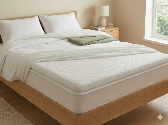 Ein ordentlich gemachtes Bett mit weißem Bettzeug und zwei Kissen, auf dem ein gefaltetes grünes Handtuch liegt. Ein hölzerner Nachttisch mit einer Lampe und einem Glas steht neben dem Bett an einem sonnendurchfluteten Fenster.