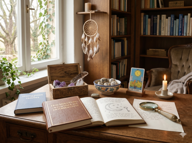 Ein gemütliches Arbeitszimmer mit Büchern über Traumdeutung, Tarotkarten, Kristallen, einem aufgeschlagenen Notizbuch, einer Lupe und einer brennenden Kerze auf einem Holztisch in der Nähe eines Fensters, mit einem Traumfänger und einem Bücherregal im Hintergrund.