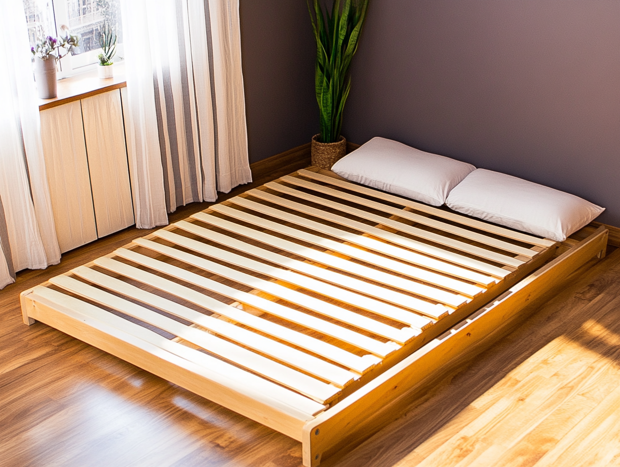 Ein helles Schlafzimmer mit einem Lattenrost-Bettgestell aus Holz, zwei weißen Kissen, einer Topfpflanze, hellen Vorhängen und Holzboden. Das Sonnenlicht fällt durch ein Fenster ein und schafft eine warme, minimalistische Atmosphäre.