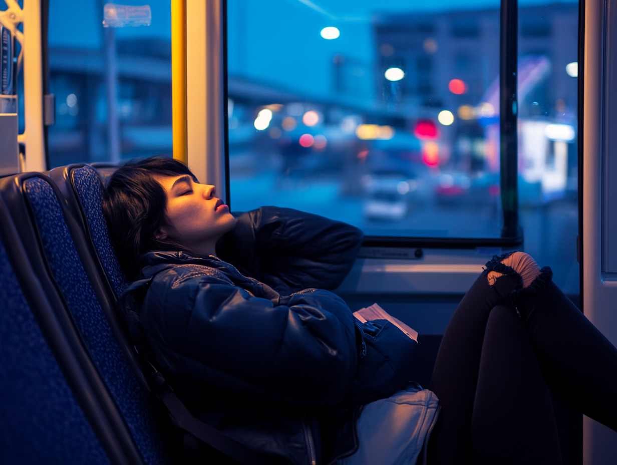 Eine junge Frau mit dunklem Haar praktiziert Inemuri, sie schläft auf einem Fensterplatz in einem Bus in der Abenddämmerung, sie trägt eine bauschige Jacke und zerrissene Jeans. Die Lichter der Stadt und die Gebäude außerhalb des Fensters verschwimmen und schaffen eine ruhige, verträumte Atmosphäre.