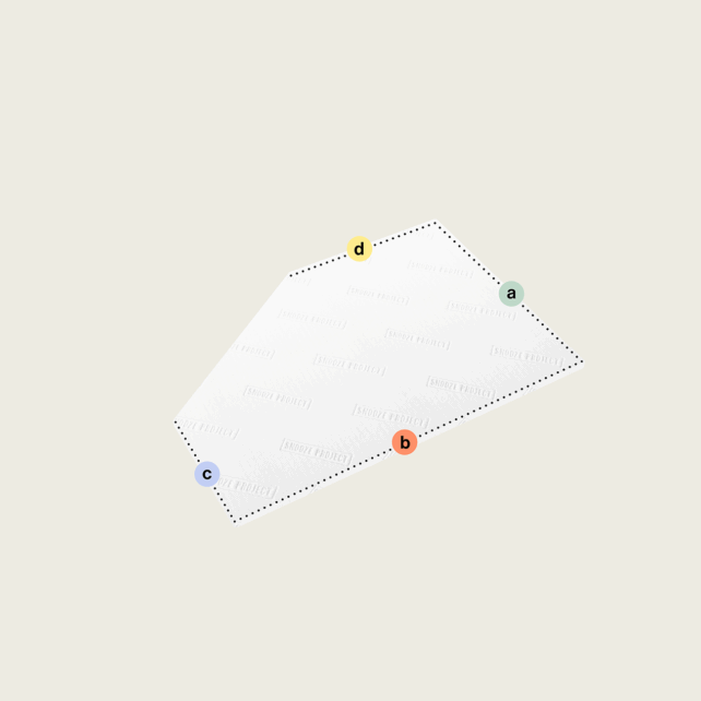Ein weißes, abgeschrägtes unregelmäßiges Viereck mit gepunkteten Kanten und beschrifteten Punkten a (grün), b (orange), c (blau) und d (gelb) auf hellgrauem Hintergrund - perfekt als Eckabschnitt für Ihren Topper nach Maß mit einem Eckabschnitt, abgeschrägt (Variante 1).