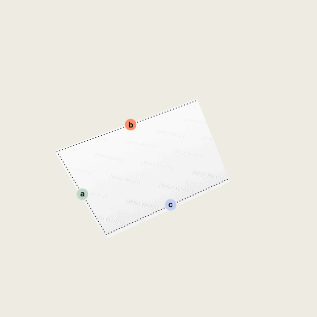 Ein weißes rechteckiges Blatt mit schwachem Text "RECHTE SEITE", umrandet von einer gepunkteten Linie und beschriftet mit (a, grün), (b, orange), (c, blau) - perfekt für Topper nach Maß mit einer Schräge (Variante 8).