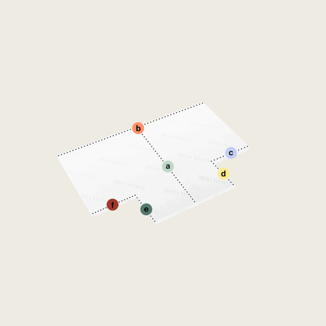 Ein weißes, teilweise diagonal gefaltetes Papier zeigt entlang des Falzes und der Kanten die Punkte a (grün), b (rot), c (blau), d (gelb), e (blaugrün), f (rot), die dem Topper nach Maß mit zwei Eckausschnitten (Variante 2) auf hellem Grund ähneln.