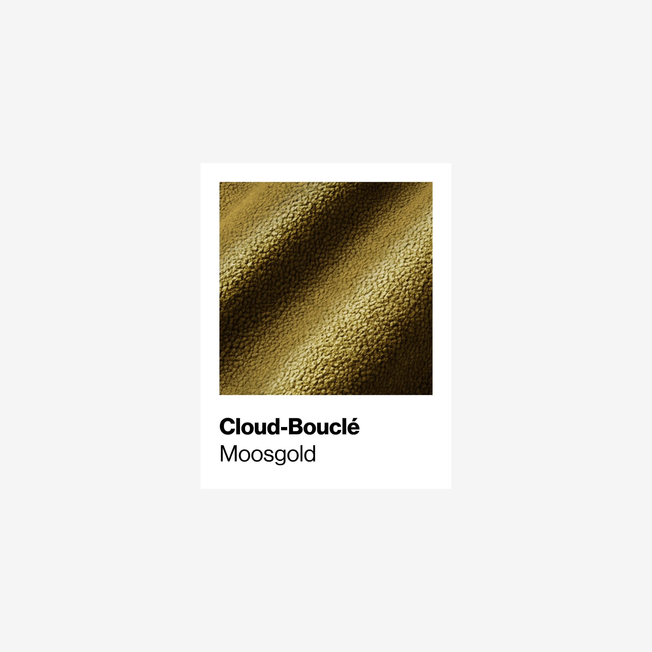Eine Nahaufnahme eines strukturierten, goldenen, olivgrünen Cloud-Bouclé-Stoffes mit der Bezeichnung Moosgold, der ein welliges, weiches und gemütliches Aussehen hat. Der Text erscheint unter dem Stoffmuster auf weißem Hintergrund.