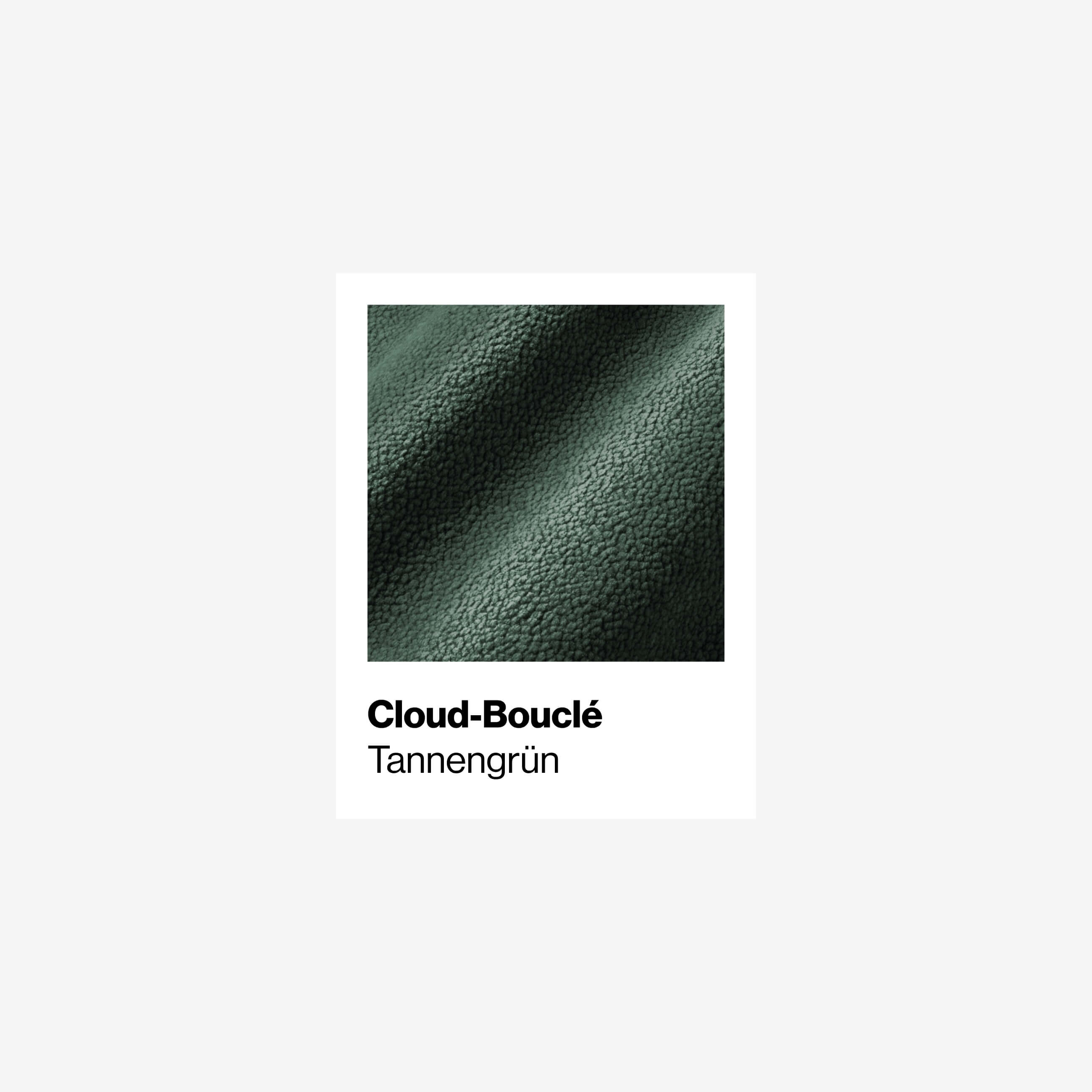 Nahaufnahme eines strukturierten, dunkelgrünen Bouclé-Stoffes mit der fettgedruckten Aufschrift Cloud-Bouclé und der darunter liegenden Aufschrift Tannengrün auf weißem Hintergrund.