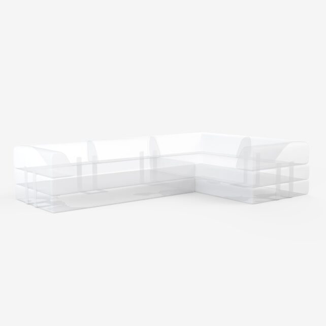 Starte deine Konfiguration ohne Vorlage ist ein transparenter, L-förmiger Acryl-Schreibtischteiler mit abgerundeten Ecken und vertikalen Stützen - konzipiert für die Trennung von Arbeitsbereichen auf weißem Hintergrund.