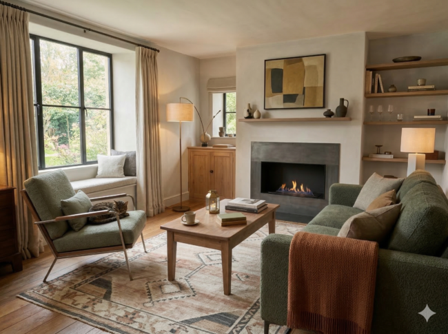 Ein gemütliches Wohnzimmer mit einem grünen Sofa, einem Sessel und einer Fensterbank in gemütlichen Farben. Ein Couchtisch steht auf einem gemusterten Teppich. Es gibt einen modernen Kamin, Regale mit Dekoration und große Fenster mit langen Vorhängen. Die warme Beleuchtung schafft eine entspannte Atmosphäre.