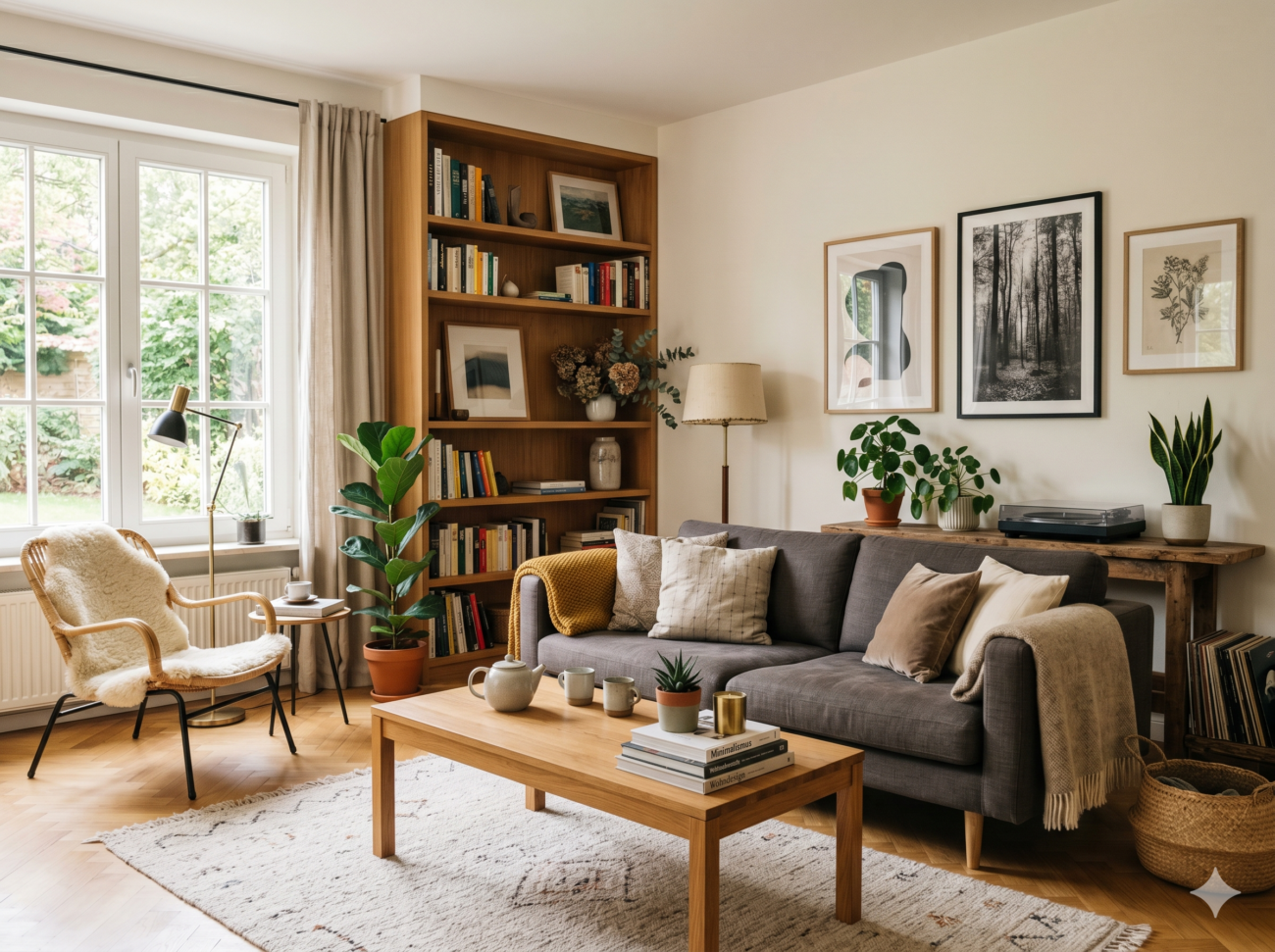 Gemütliches Wohnzimmer mit einem grauen Sofa, einem Couchtisch aus Holz, einem Bücherregal und einem Rattansessel mit Schafsfellüberwurf - die perfekte Inspiration, um wohnzimmer einrichten in einem warmen, einladenden Stil mit Pflanzen und Kunstwerken.