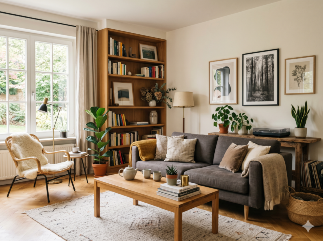 Gemütliches Wohnzimmer mit einem grauen Sofa, einem Couchtisch aus Holz, einem Bücherregal und einem Rattansessel mit Schafsfellüberwurf - die perfekte Inspiration, um wohnzimmer einrichten in einem warmen, einladenden Stil mit Pflanzen und Kunstwerken.